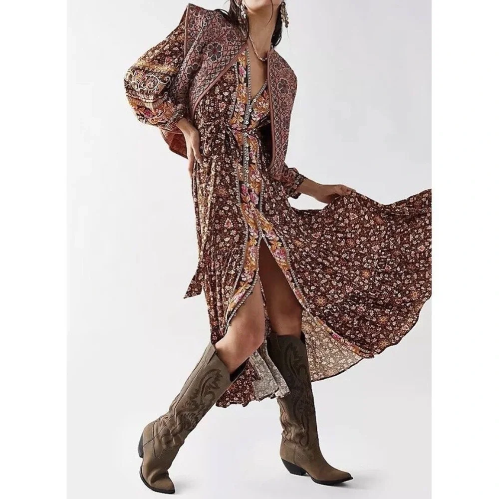 NWT💫Exclusive💫 Spell/Free People Madame Peacock Button Thru Gown in Coffee med - Picture 2 of 12
